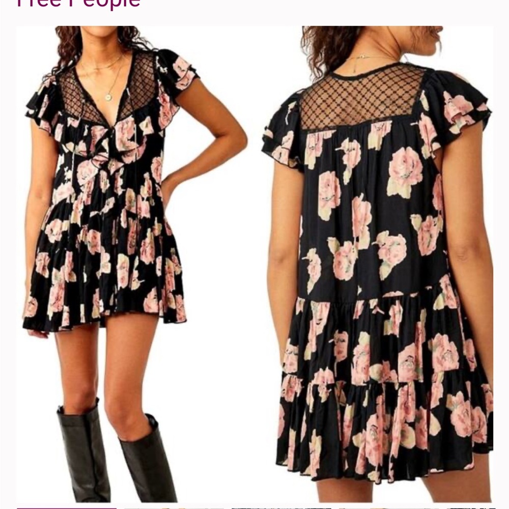 Free People Black Dress with Pink Floral Design